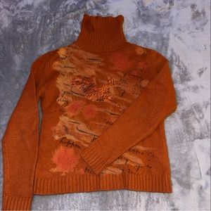 Orange turtleneck/ long sleeve sweater with handmade stones